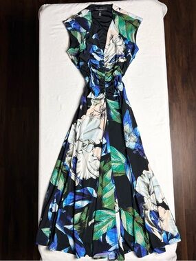 WHBM Floral Black Midi Dress, Runched Front-XS